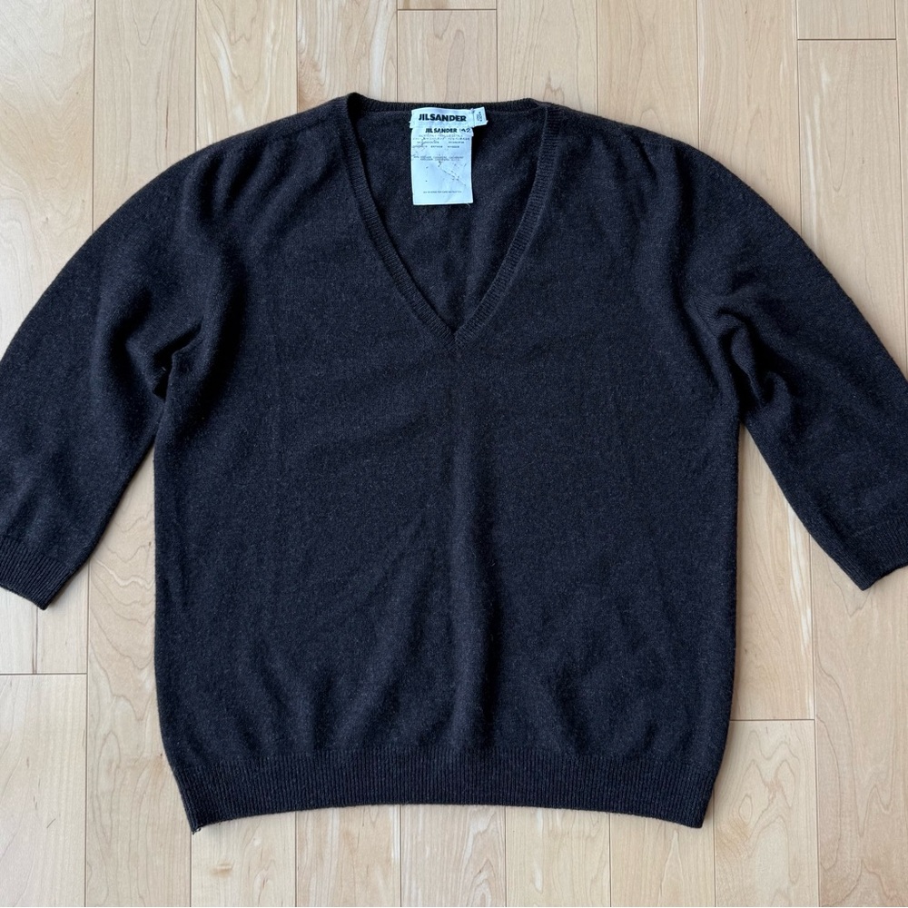 Jil Sander Brown V-Neck Cashmere Sweater